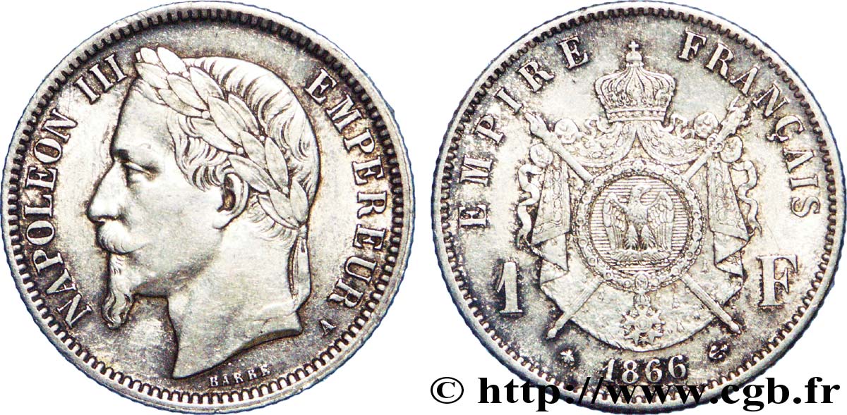 1 franc Napoléon III, tête laurée 1866 Paris F.215/3 TTB 