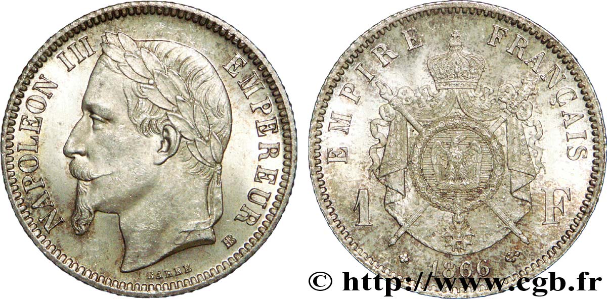 1 franc Napoléon III, tête laurée 1866 Strasbourg F.215/4 SPL 