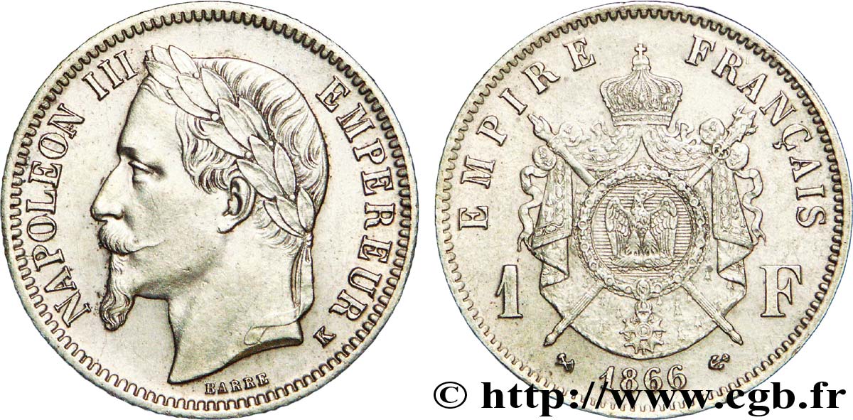 1 franc Napoléon III, tête laurée 1866 Bordeaux F.215/5 SPL 