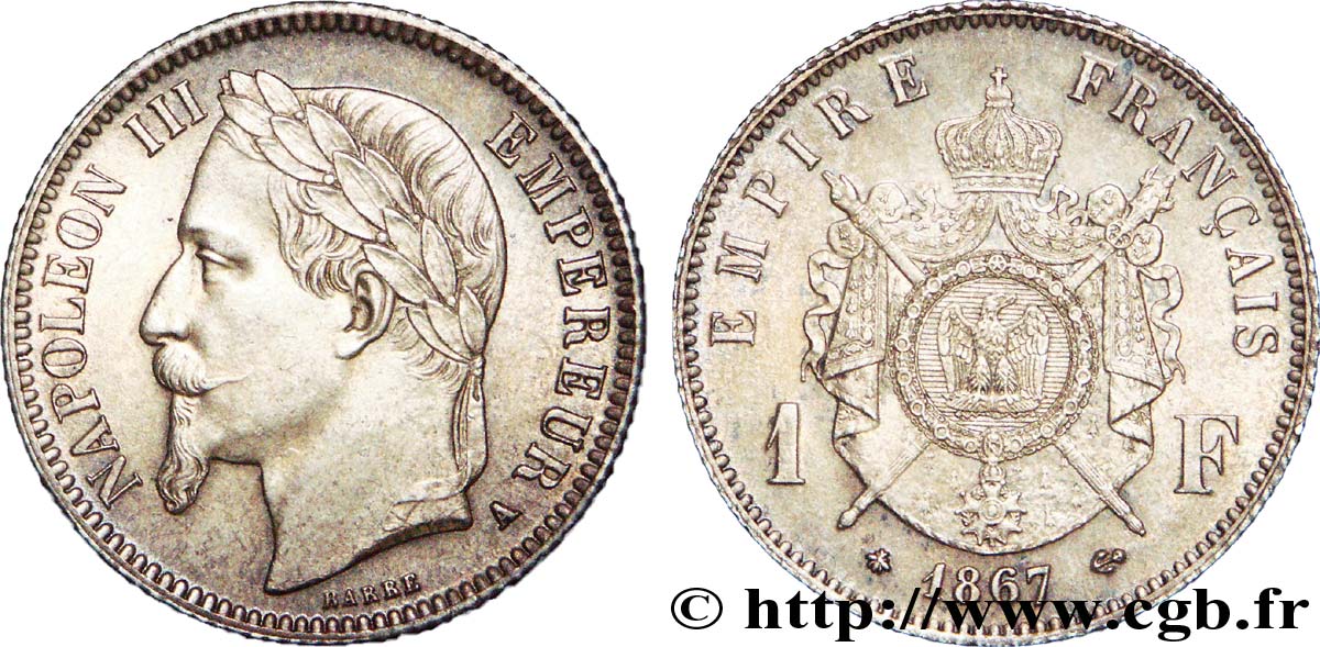 1 franc Napoléon III, tête laurée 1867 Paris F.215/6 SUP 