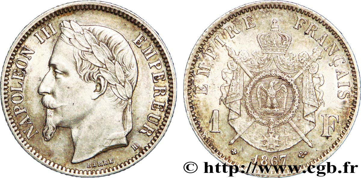 1 franc Napoléon III, tête laurée, petit BB 1867 Strasbourg F.215/7 AU 
