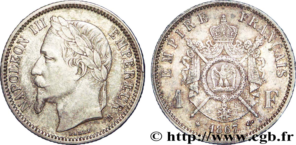 1 franc Napoléon III, tête laurée, grand BB 1867 Strasbourg F.215/8 TTB 