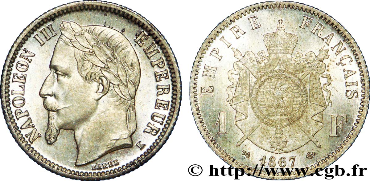 1 franc Napoléon III, tête laurée 1867 Bordeaux F.215/9 fST 