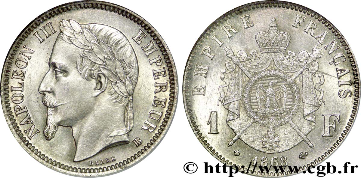 1 franc Napoléon III, tête laurée, petit BB 1868 Strasbourg F.215/11 SUP 