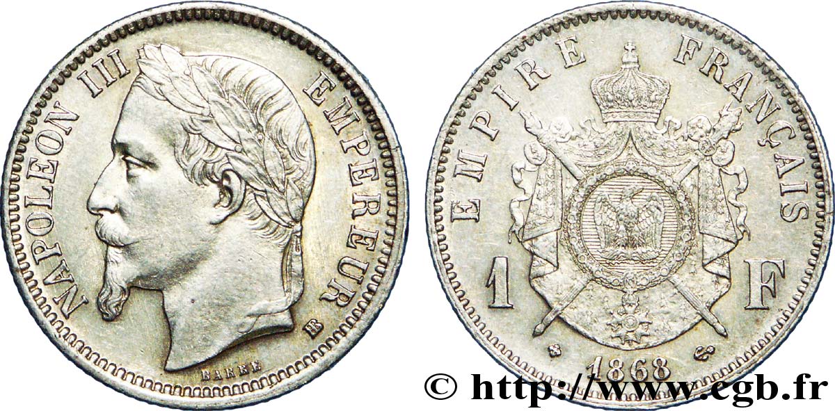 1 franc Napoléon III, tête laurée, petit BB 1868 Strasbourg F.215/11 SPL 