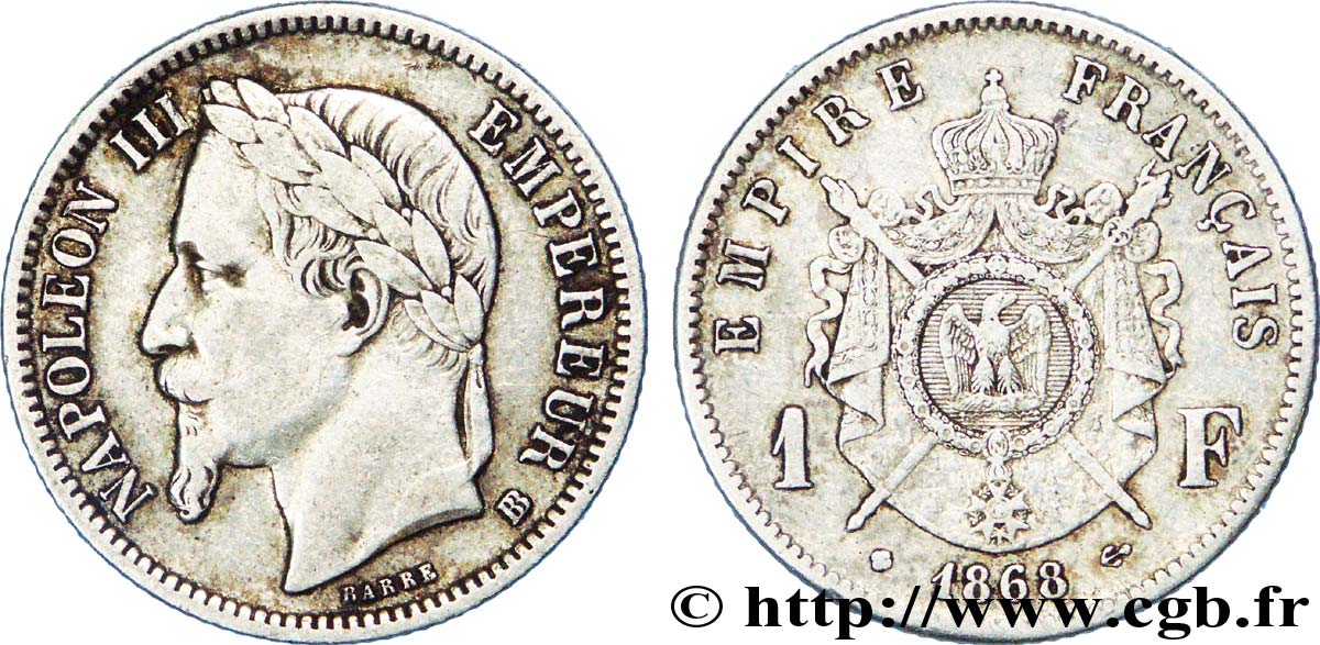 1 franc Napoléon III, tête laurée, grand BB 1868 Strasbourg F.215/12 BB 