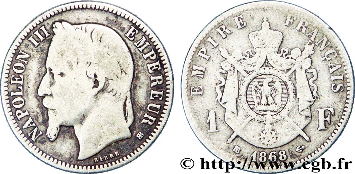 1 franc Napoléon III, tête laurée, double BB 1868 Strasbourg F.215/13 VG 