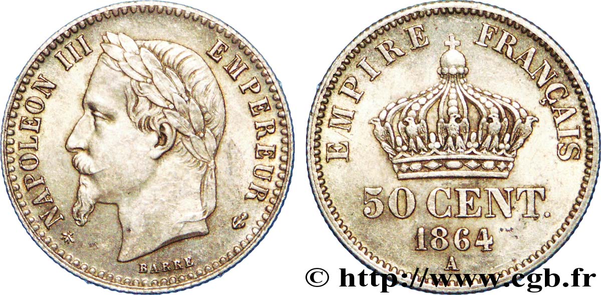 50 centimes Napoléon III, tête laurée 1864 Paris F.188/2 SUP 