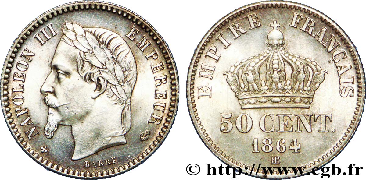 50 centimes Napoléon III, tête laurée 1864 Strasbourg F.188/3 SUP 