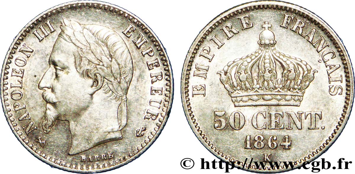 50 centimes Napoléon III, tête laurée 1864 Bordeaux F.188/4 XF 