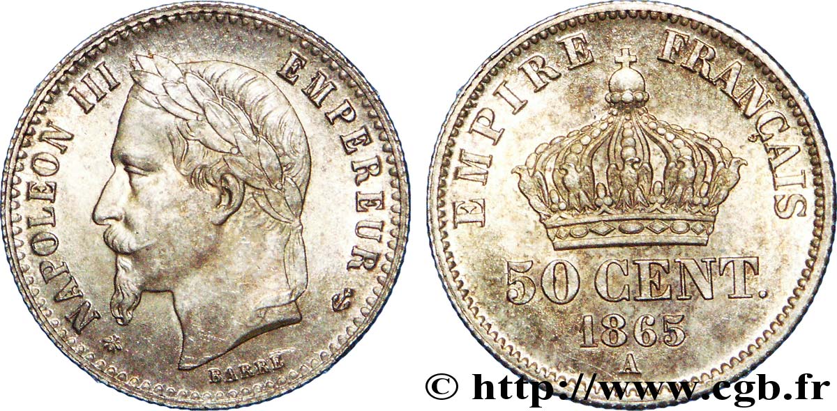 50 centimes Napoléon III, tête laurée 1865 Paris F.188/5 VZ 