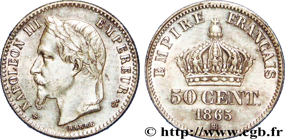 50 centimes Napoléon III, tête laurée 1865 Strasbourg F.188/7 SUP 
