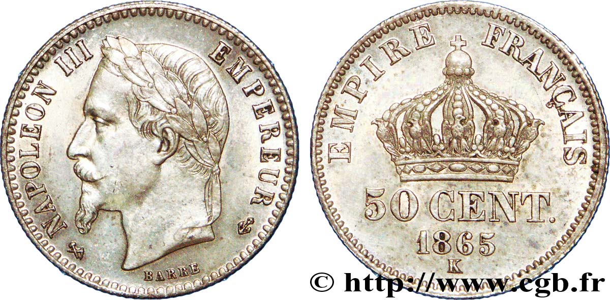 50 centimes Napoléon III, tête laurée 1865 Bordeaux F.188/8 VZ 