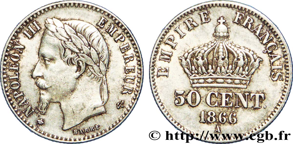 50 centimes Napoléon III, tête laurée 1866 Paris F.188/9 MBC 