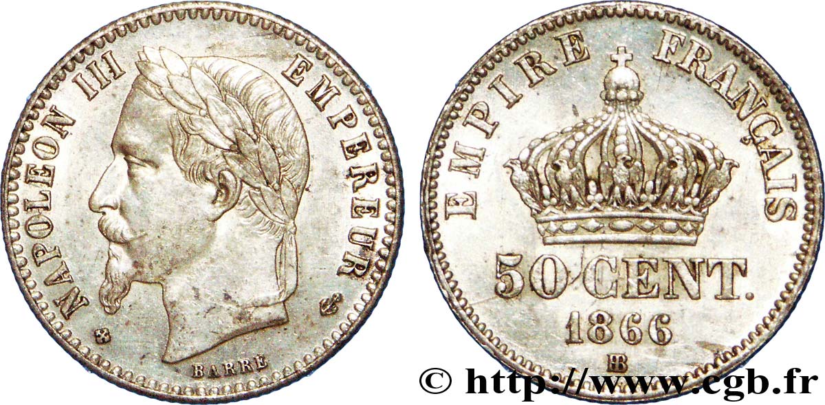 50 centimes Napoléon III, tête laurée 1866 Strasbourg F.188/10 AU 