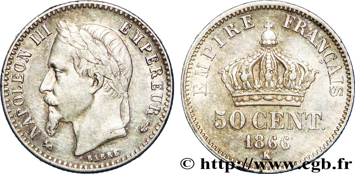 50 centimes Napoléon III, tête laurée 1866 Bordeaux F.188/11 BB 