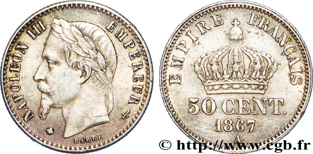 50 centimes Napoléon III, tête laurée 1867 Paris F.188/13 XF 