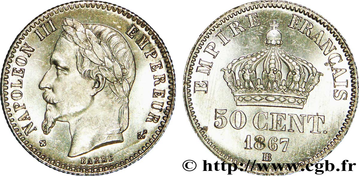 50 centimes Napoléon III, tête laurée 1867 Strasbourg F.188/15 fST 