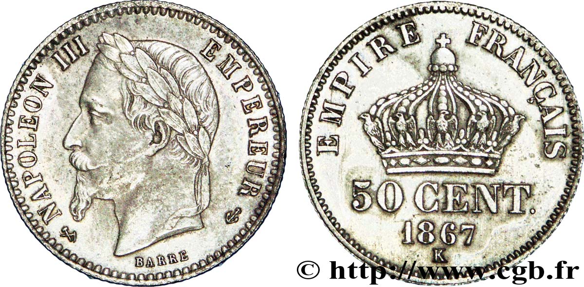 50 centimes Napoléon III, tête laurée 1867 Bordeaux F.188/18 EBC 