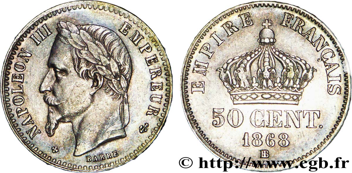 50 centimes Napoléon III, tête laurée 1868 Strasbourg F./ XF 
