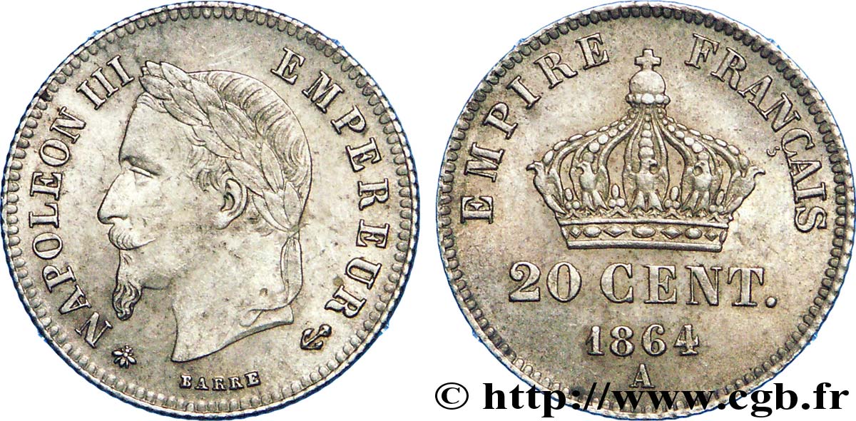 20 centimes Napoléon III, tête laurée, petit module 1864 Paris F.149/1 EBC 