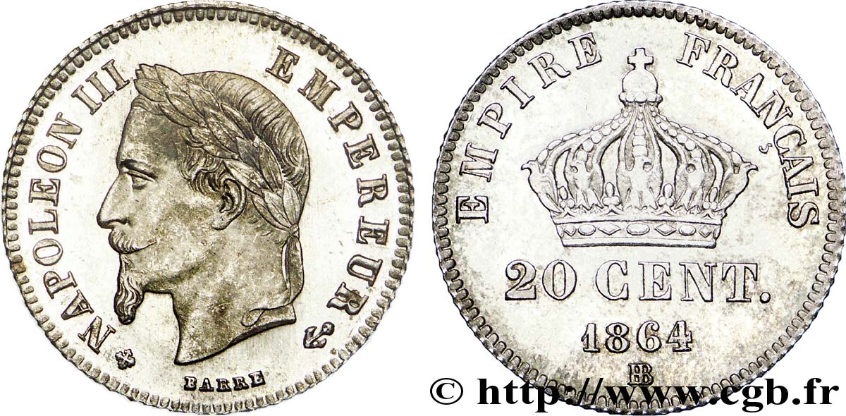 20 centimes Napoléon III, tête laurée, petit module 1864 Strasbourg F.149/2 SC 