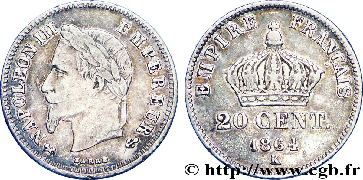20 centimes Napoléon III, tête laurée, petit module 1864 Bordeaux F.149/3 XF 