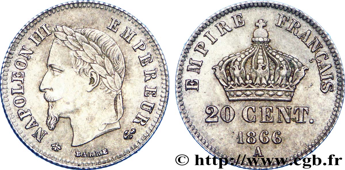 20 centimes Napoléon III, tête laurée, petit module 1866 Paris F.149/4 AU 