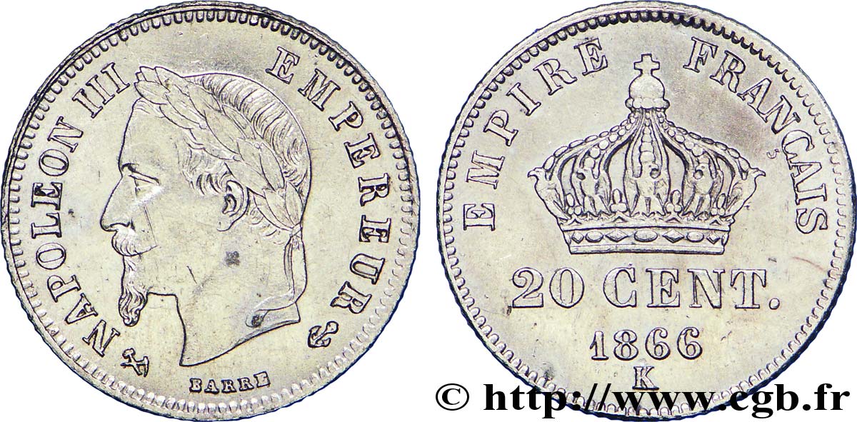 20 centimes Napoléon III, tête laurée, petit module 1866 Bordeaux F.149/6 EBC 