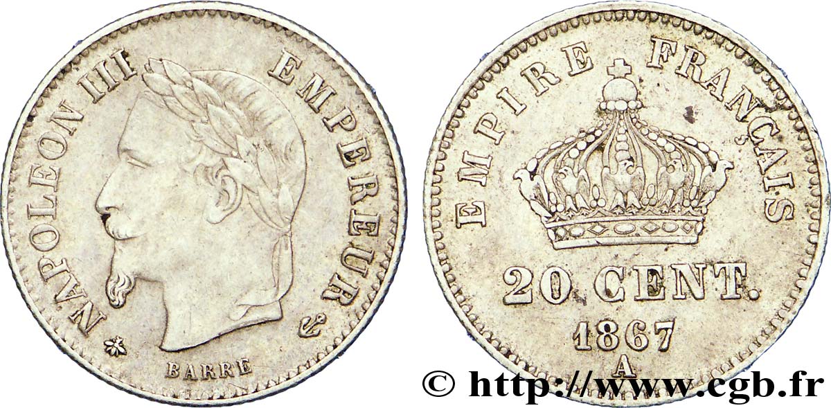 20 centimes Napoléon III, tête laurée, grand module 1867 Paris F.150/1 EBC 