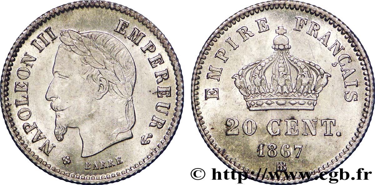 20 centimes Napoléon III, tête laurée, grand module 1867 Strasbourg F.150/2 VZ 