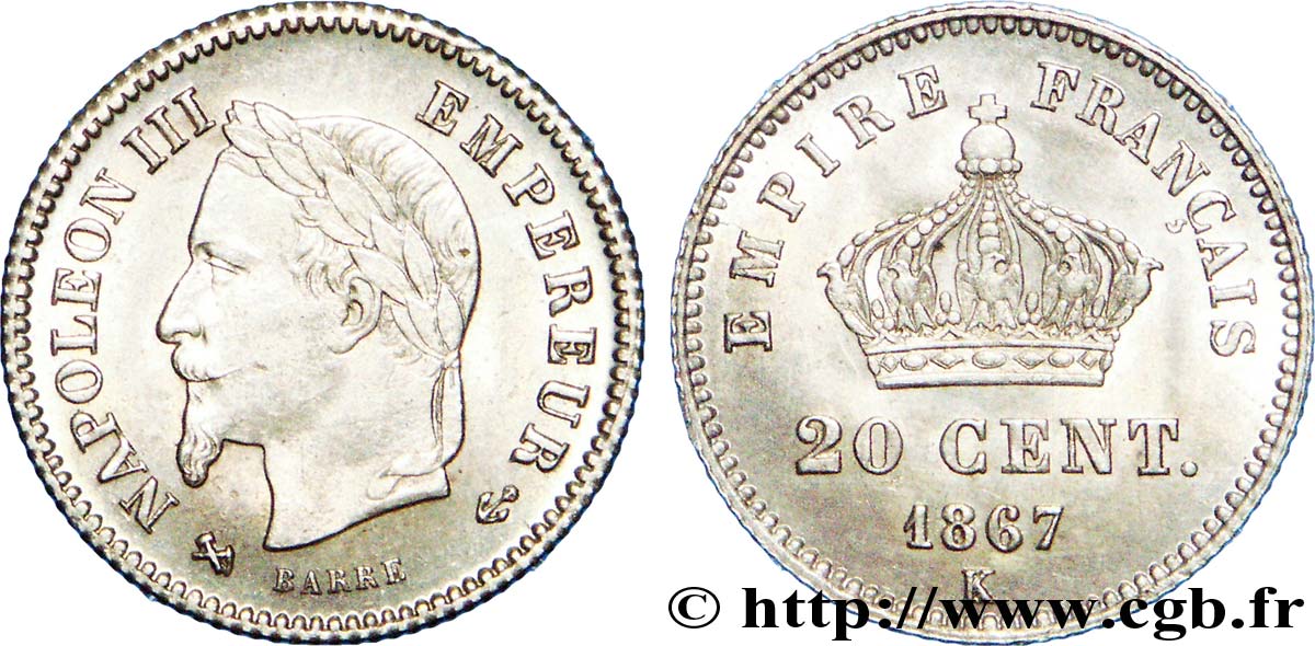 20 centimes Napoléon III, tête laurée, grand module 1867 Bordeaux F.150/3 SUP 