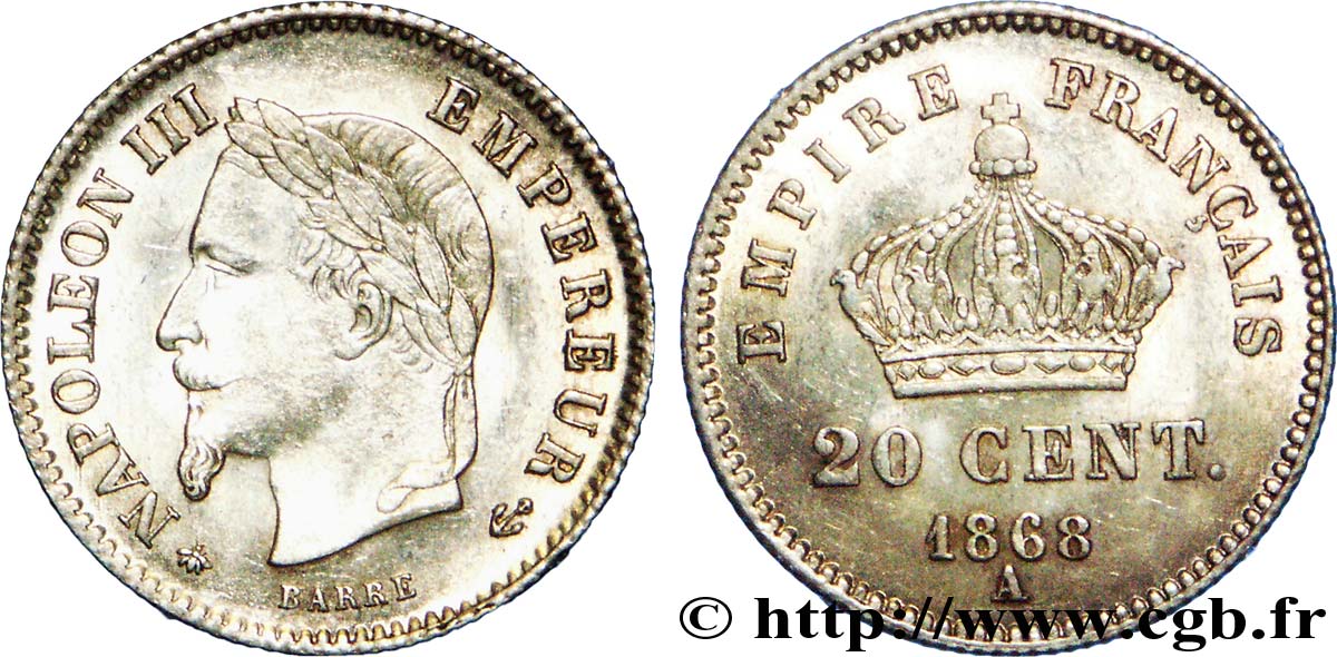 20 centimes Napoléon III, tête laurée, grand module 1868 Paris F.150/4 SUP 
