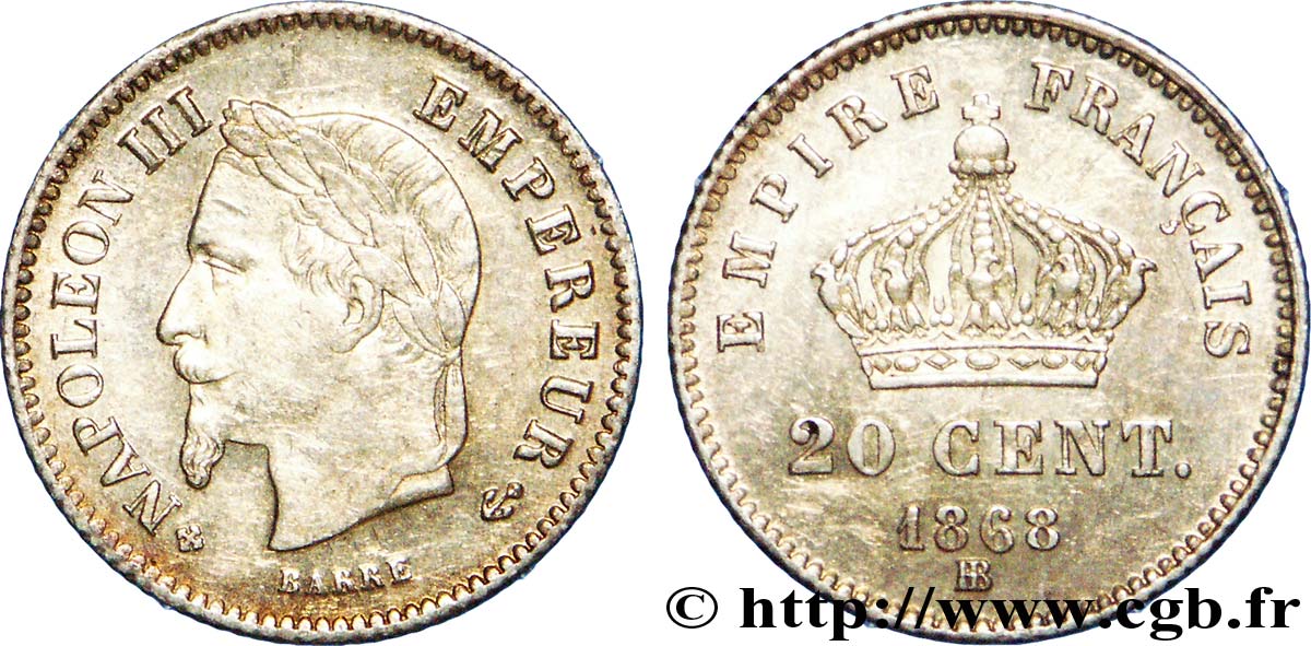 20 centimes Napoléon III, tête laurée, grand module 1868 Strasbourg F.150/5 MBC 