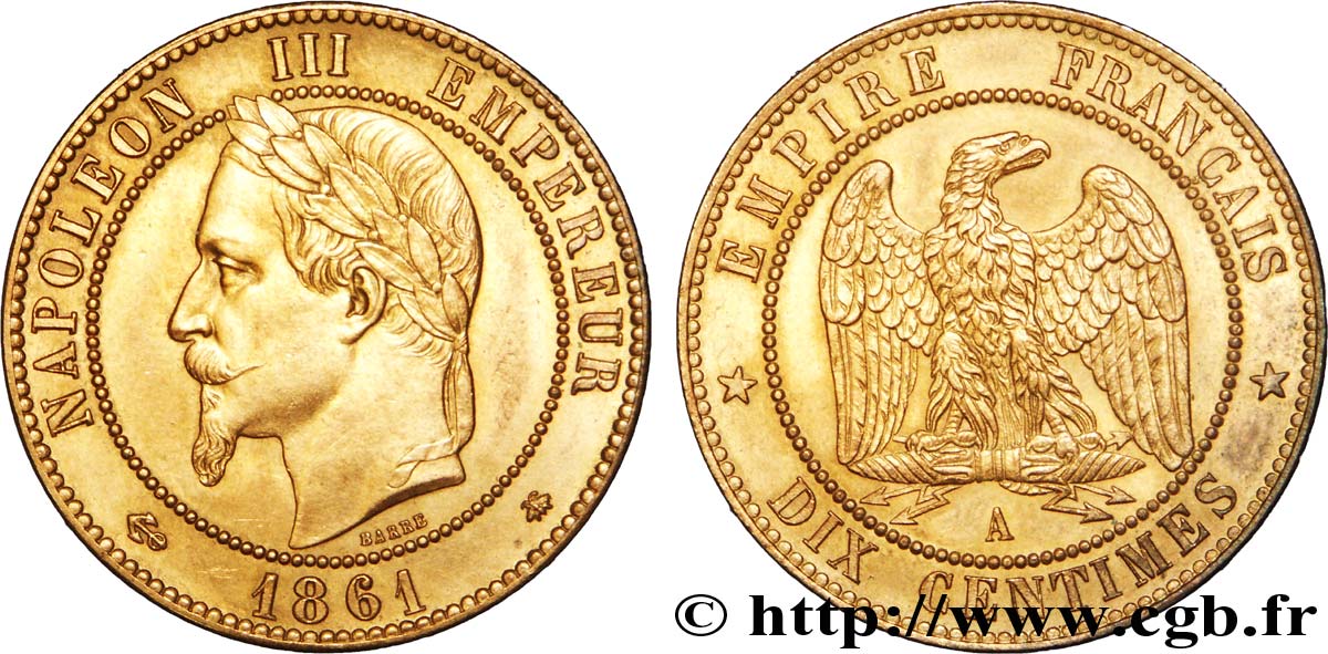 Dix centimes Napoléon III, tête laurée 1861 Paris F.134/4 TTB 