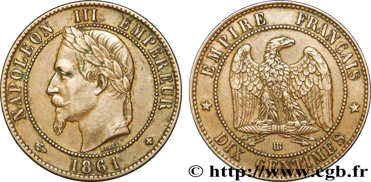 Dix centimes Napoléon III, tête laurée 1861 Strasbourg F.134/5 TTB 