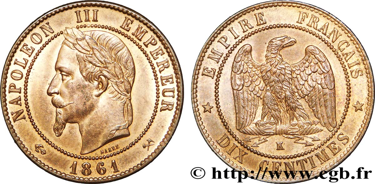 Dix centimes Napoléon III, tête laurée 1861 Bordeaux F.134/6 VZ 