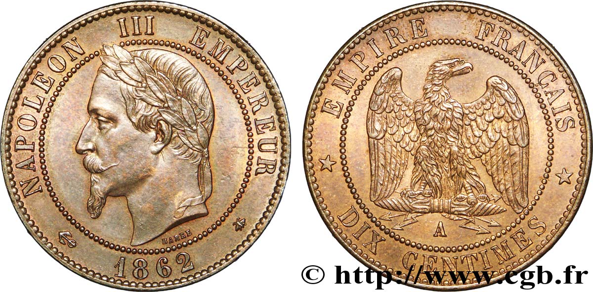 Dix centimes Napoléon III, tête laurée 1862 Paris F.134/7 SPL 