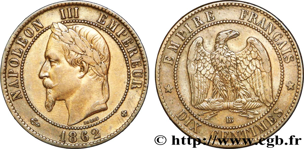 Dix centimes Napoléon III, tête laurée 1862 Strasbourg F.134/8 MBC 