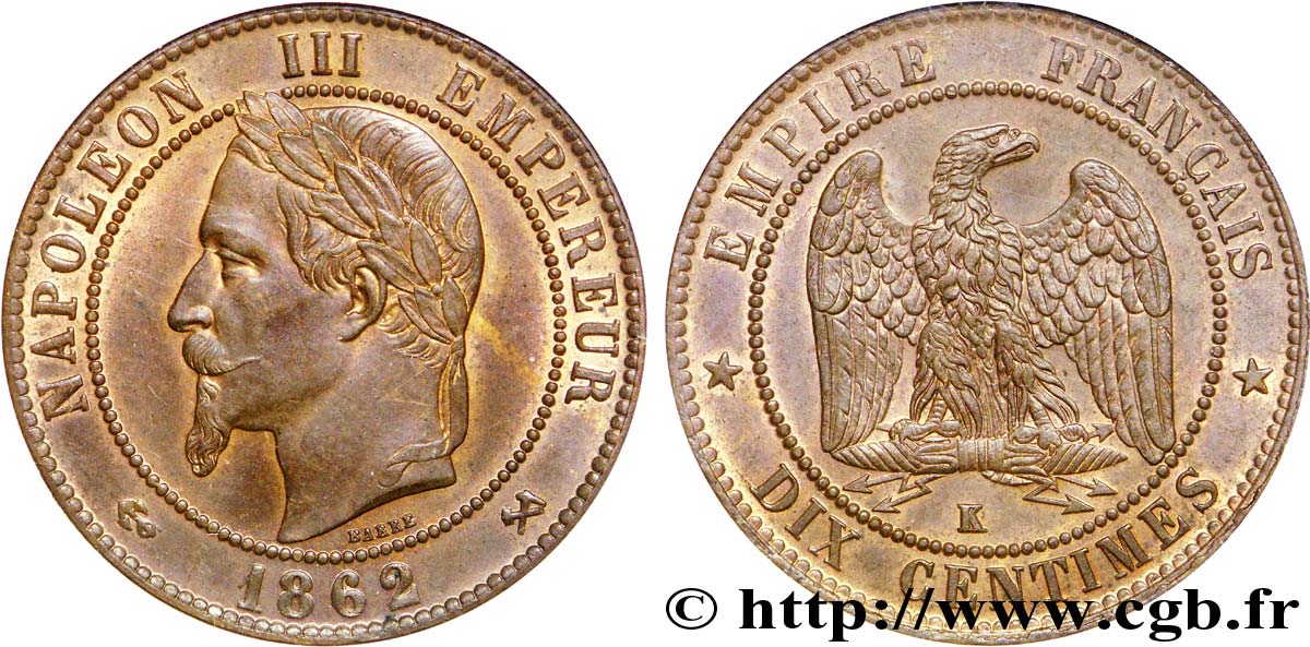 Dix centimes Napoléon III, tête laurée 1862 Bordeaux F.134/9 SUP 