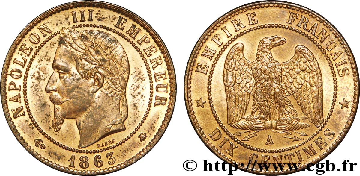 Dix centimes Napoléon III, tête laurée 1863 Paris F.134/10 VZ 