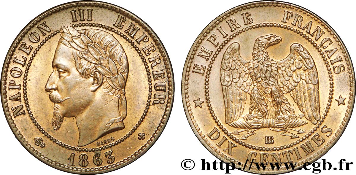 Dix centimes Napoléon III, tête laurée 1863 Strasbourg F.134/11 EBC 