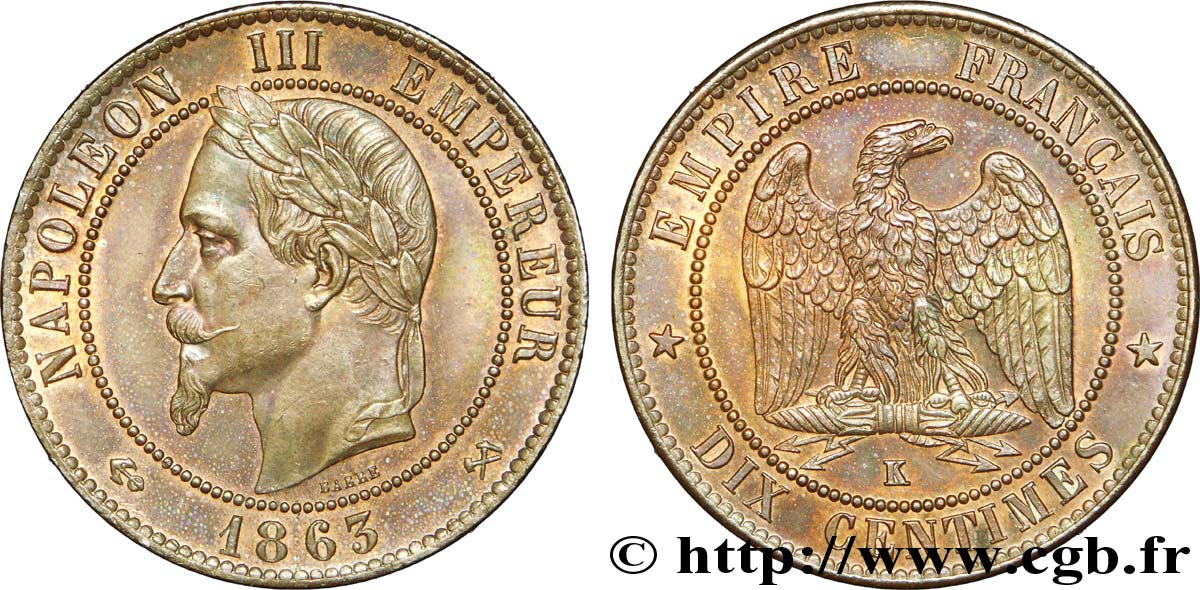 Dix centimes Napoléon III, tête laurée 1863 Bordeaux F.134/12 VZ 