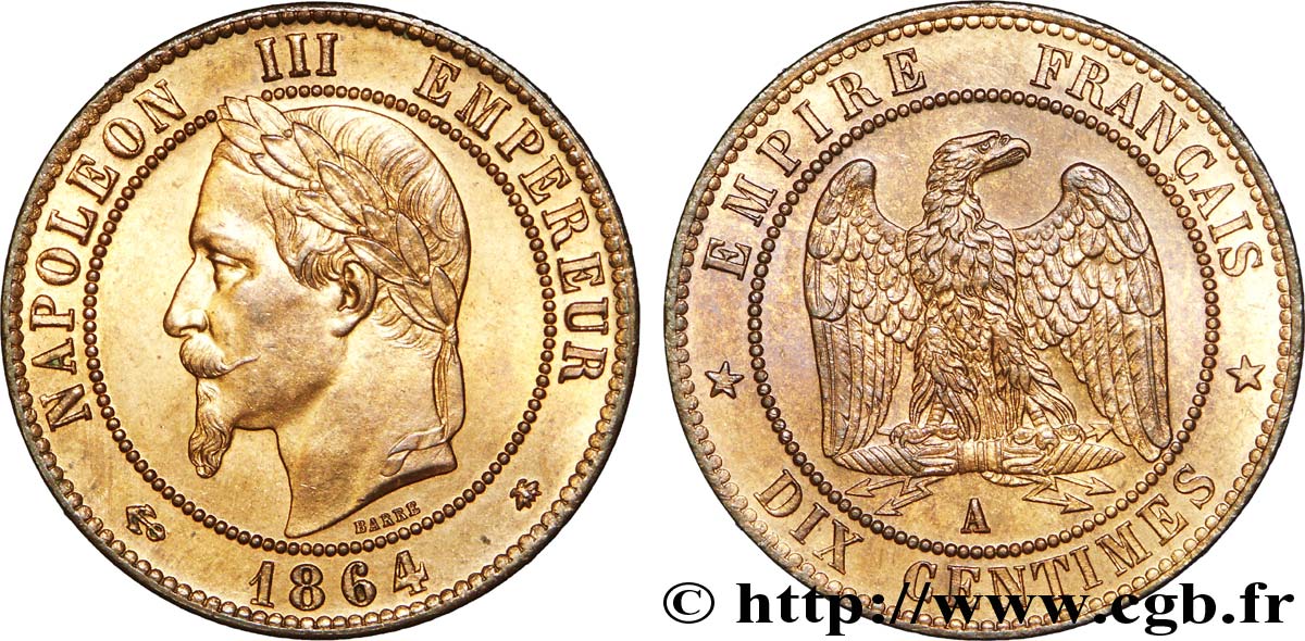 Dix centimes Napoléon III, tête laurée 1864 Paris F.134/13 fST 