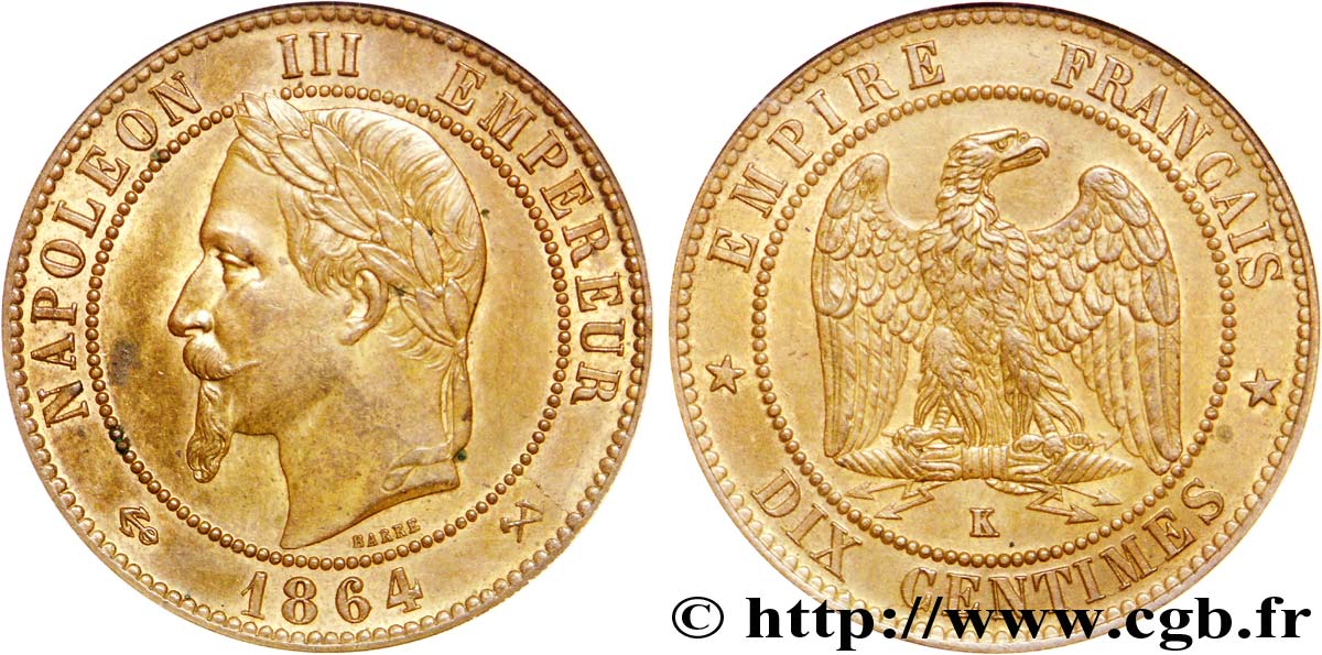 Dix centimes Napoléon III, tête laurée 1864 Bordeaux F.134/15 AU 