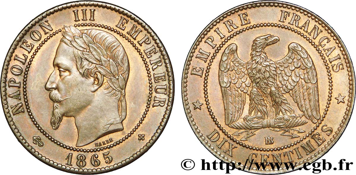 Dix centimes Napoléon III, tête laurée 1865 Strasbourg F.134/17 EBC 