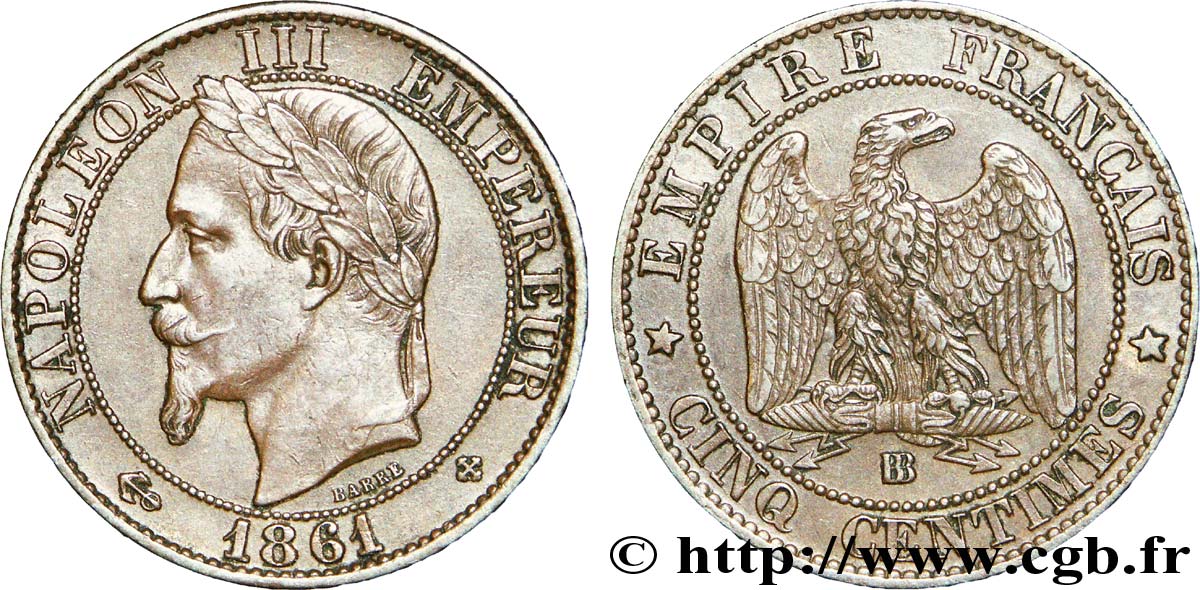 Cinq centimes Napoléon III, tête laurée 1861 Strasbourg F.117/5 TTB 