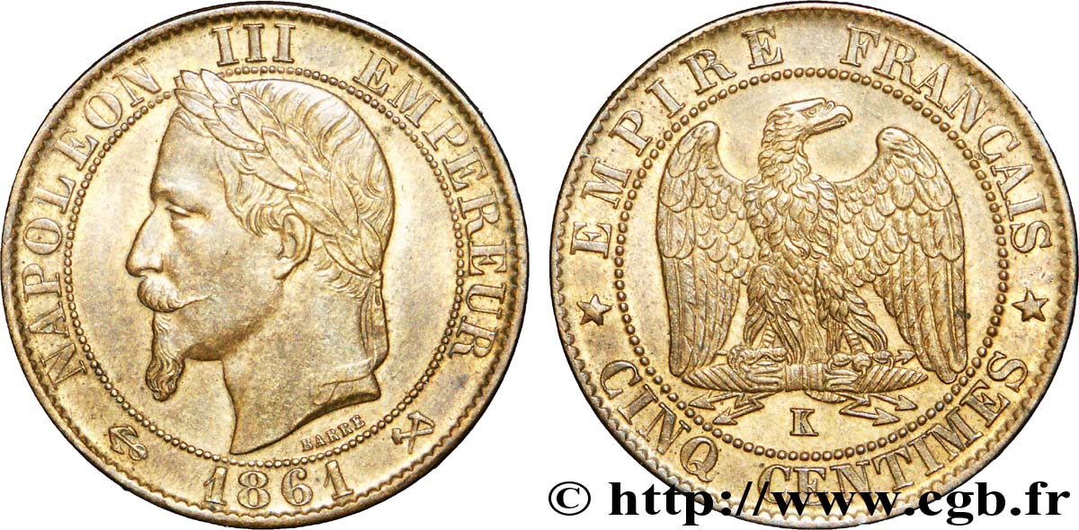 Cinq centimes Napoléon III, tête laurée 1861 Bordeaux F.117/6 SUP 