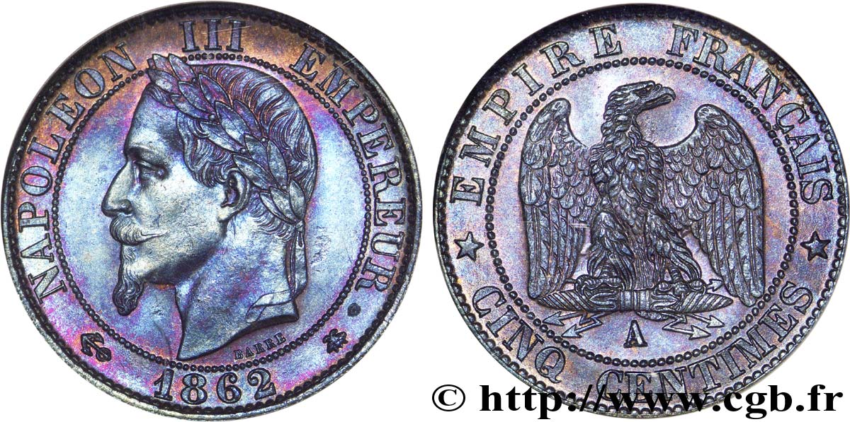 Cinq centimes Napoléon III, tête laurée 1862 Paris F.117/7 SC 