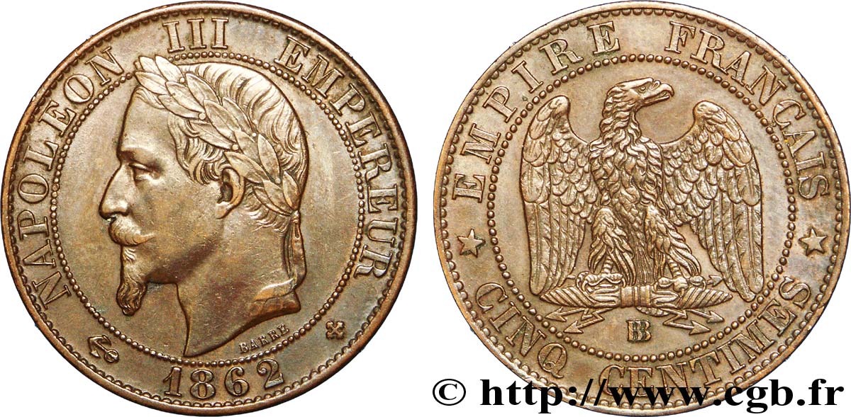 Cinq centimes Napoléon III, tête laurée 1862 Strasbourg F.117/8 MBC 